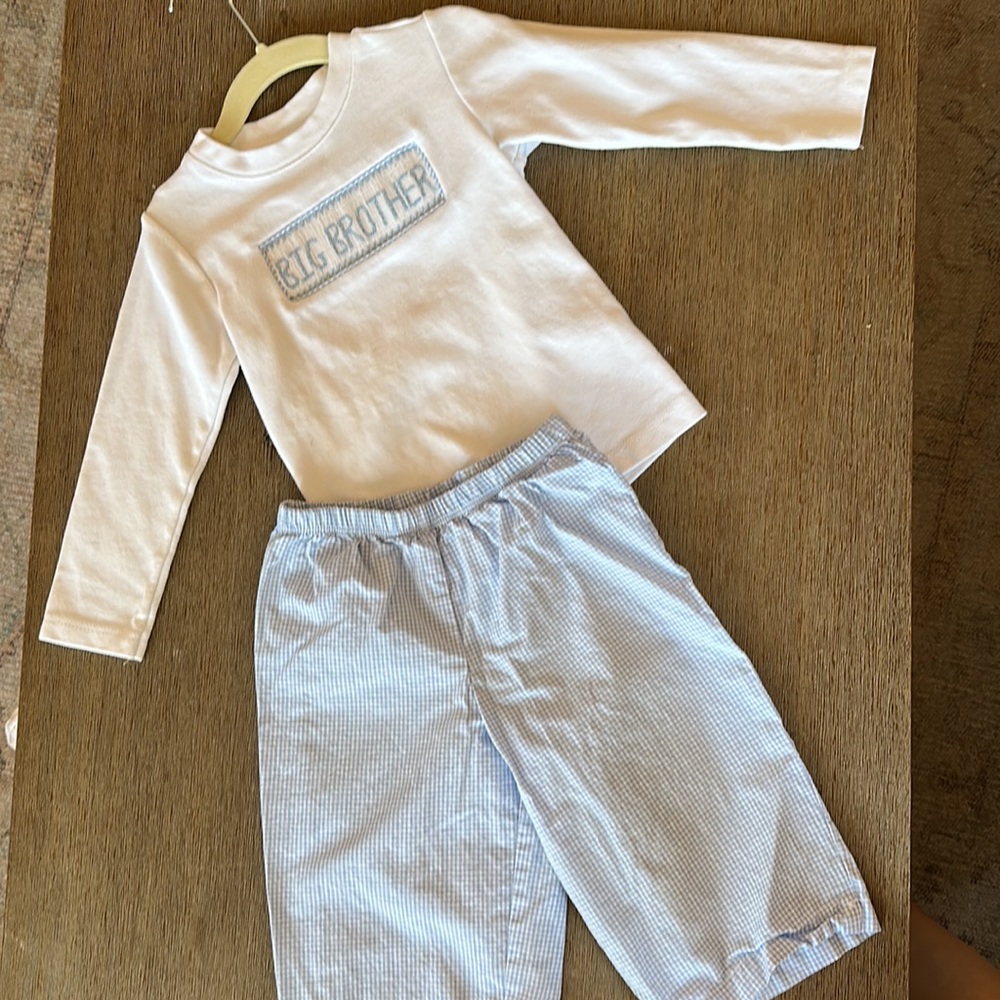 Classic Whimsy long sleeve smocked Big Brother with light blue gingham pants